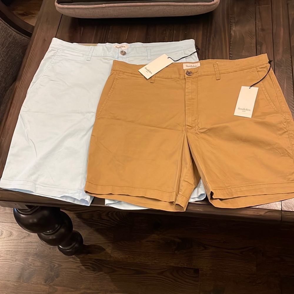 2 mens new w/tags Goodfellow & Co shorts. Size 36 Blue 10.5” lengthTan 7”